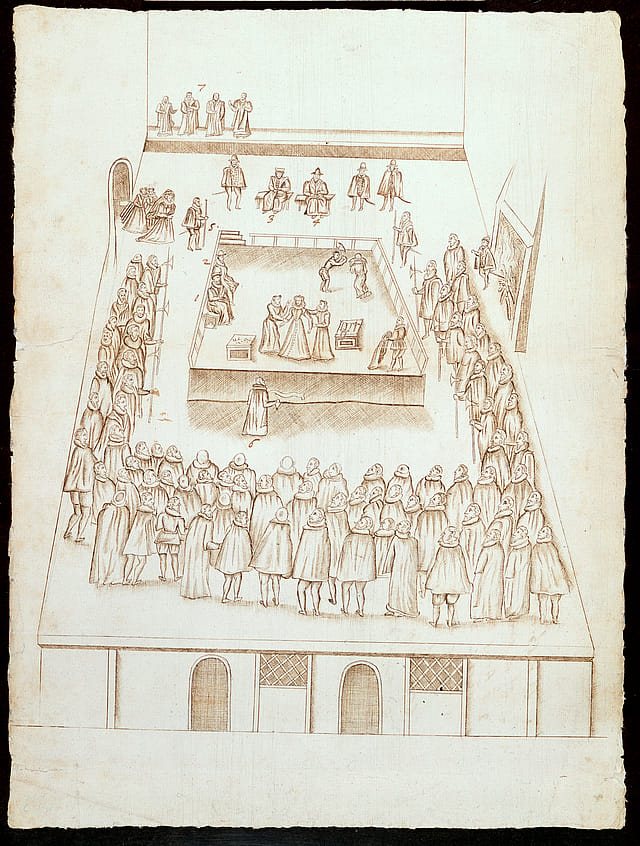 Drawing in brown ink or pencil of a crowd surrounding a scaffold on which stands several figures including three female figures.