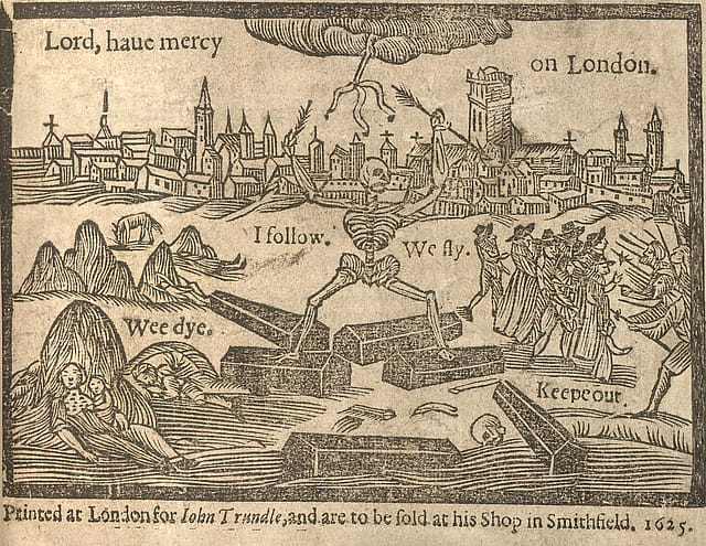 Woodcut of a skeleton with its arms outstretched towards the sky. Above it is a lightning bolt coming out from a dark cloud. Behind it is the city of London. To its left, two figures are slumped against a hay stack. To its right, a group of men are being held back by the weapons of an army.