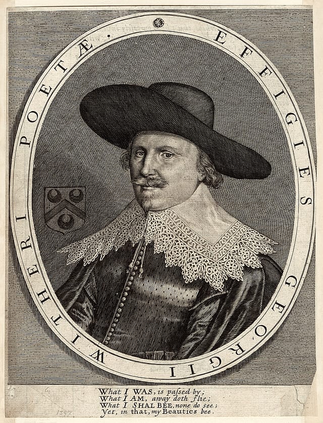 Engraving of a bust of a middle-aged man in an oval. He is wearing a large black hat and a large, white, lace collar.