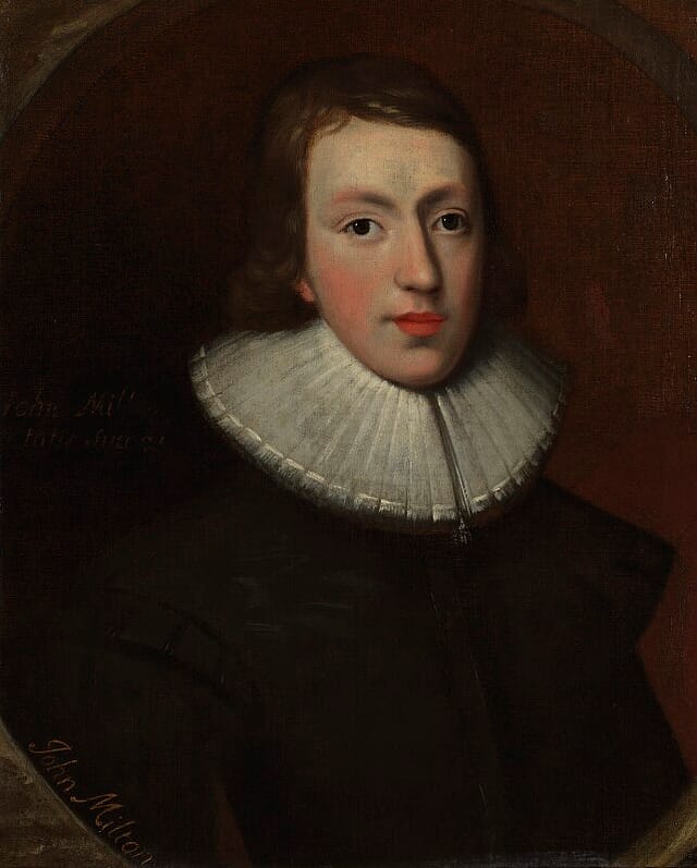 Portrait of the bust of a young man against a dark background. He has mid-lenght, chestnut-coloured hair and is wearing a large, white, frilly collar and black top.