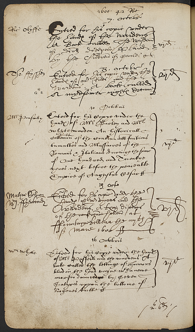 An old document with five entries written in an elegant, cursive hand.