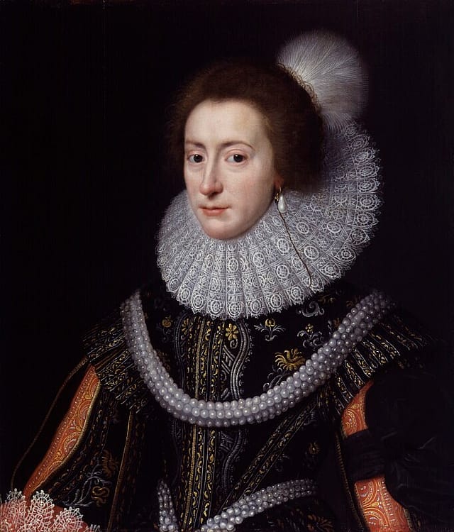 Half-portrait painting of a seated, middle-aged woman. She is wearing dark robes and a large, frilly, white collar.