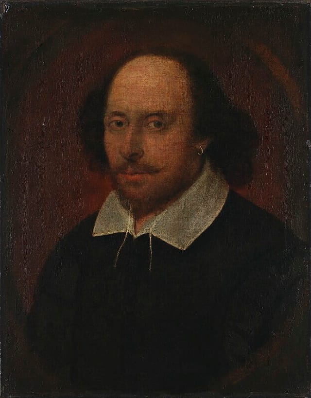 Painting of the bust of a middle-aged man in front of a dark background. He has a receding hairline and mid-length, wavy dark hair. He has a silver, small, hooped earring in his left ear. He is wearing black robes with a white collar.