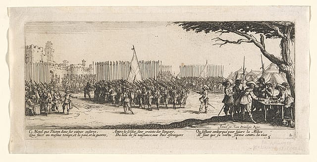 Recruitment of troops, 1633 engaving by Jacques Callot depicting large groups of figures in armour with weapons, National Gallery of Victoria, Melbourne (2222.2-4).