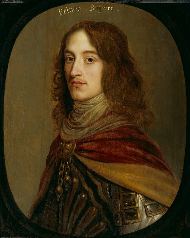 Painting of the bust of a young man against a dark background. He has long, wavy, brown hair and is wearing metal armour underneath a red and yellow, velvet cape. Above him in gold are the words 'Prince Rupert'.