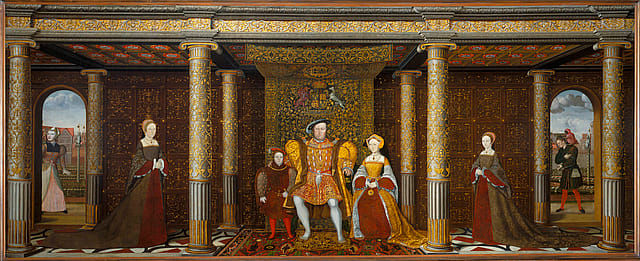 Henry VIII is seated with his third wife, Jane Seymour and son, Prince Edward, later Edward VI. To the left is Princess Mary, later Mary I, Henry’s daughter with his first wife, Catherine of Aragon, and on the right Princess Elizabeth, later Elizabeth I, his daughter by his second wife, Anne Boleyn.