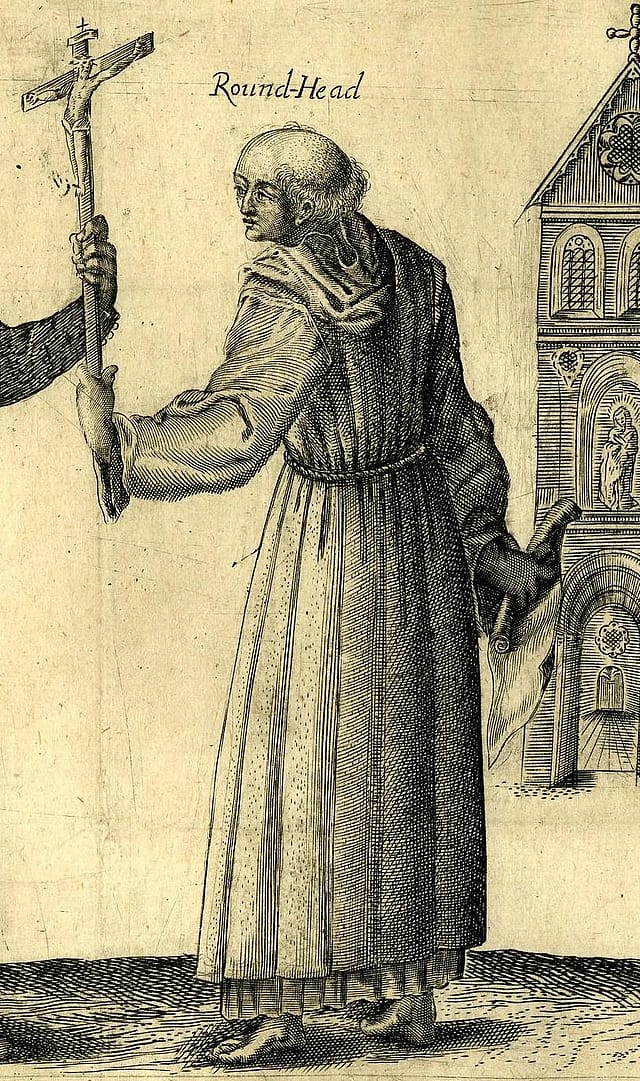 Old, discoloured engraving of an old man with a near-bald head. He is wearing the long robes of a priest or a monk and is holding a large crucifix.