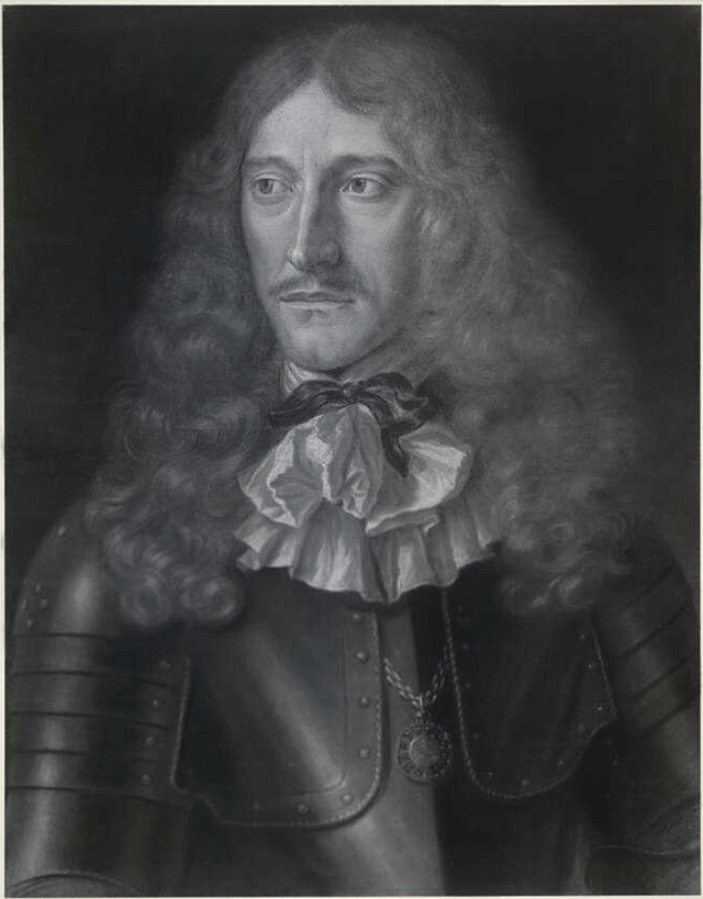 Chalk portrait of Prince Rupert - head and shoulders. He has long curly hair, and is wearing a frilled collar, chain, pendant and armour.