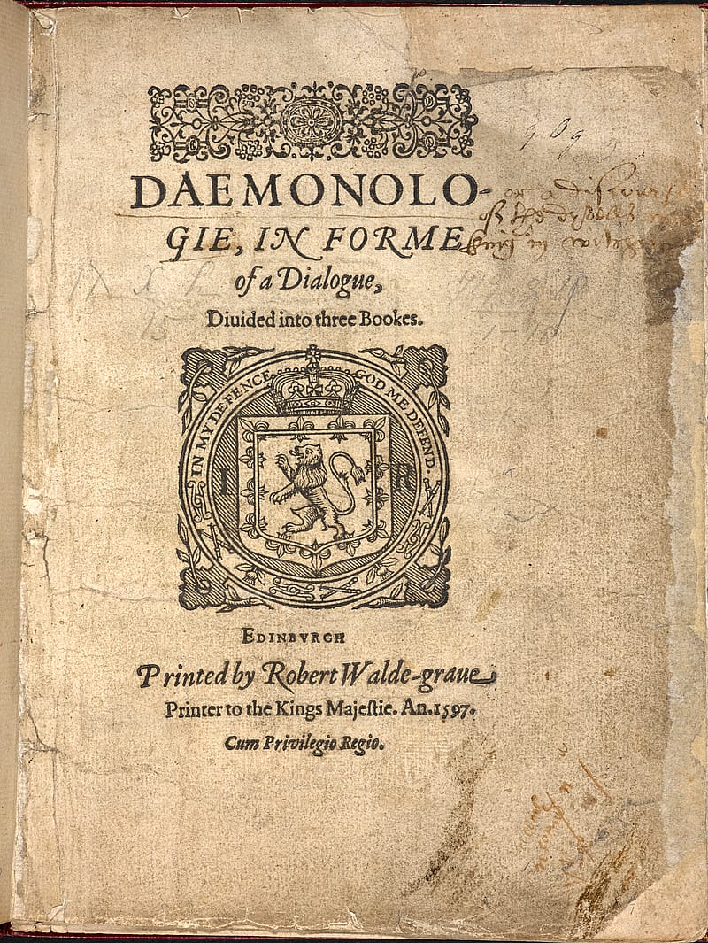 Title page of James Stuart's, Daemonologie, in forme of a dialogue, divided into three Bookes., Edinburgh, R. Walde-grave, 1597, British Library, London (C.27.h.1).