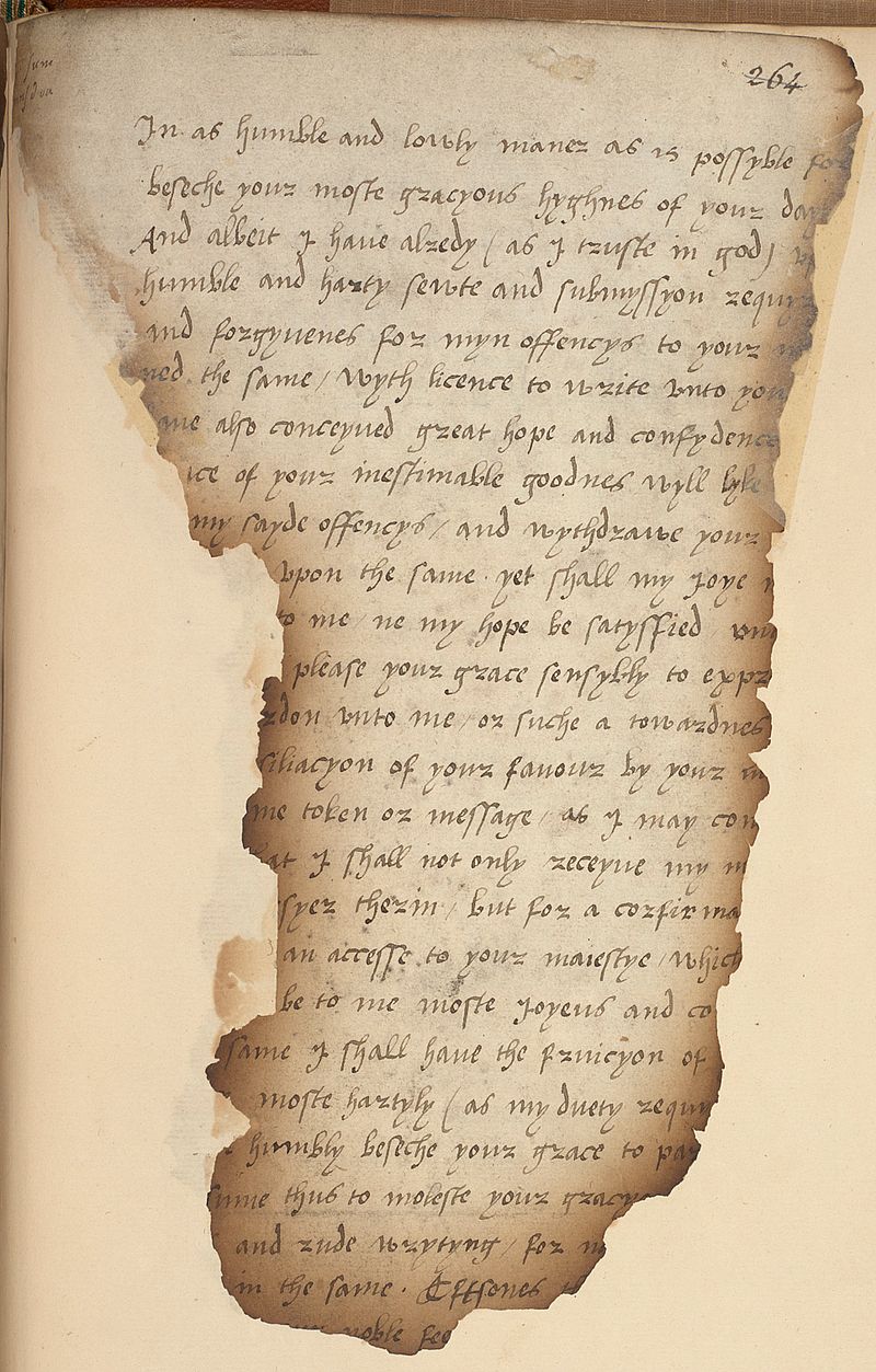 Fragment of an old letter written in neat, elegant handwriting. Its edges are torn and perhaps burnt.