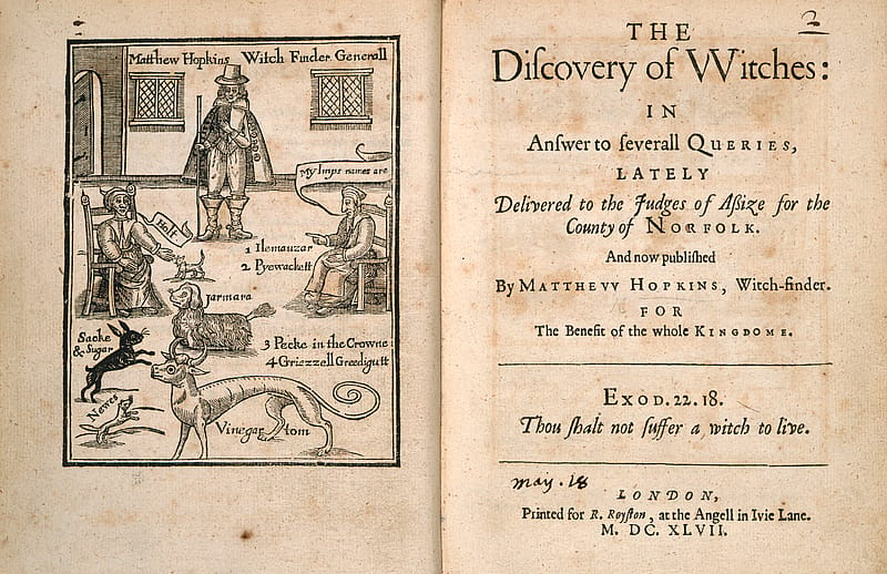 Double-page spread of a title page and frontispiece from an old book. The frontispiece depicts a male figure in a hat and long coat. In front of him there are two seated, female figures and a range of mythical-looking animals.