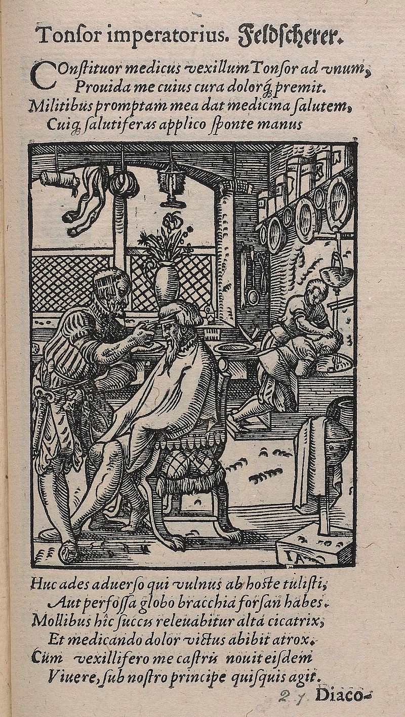 Page from an old book with lines of printed text and an engraving showing an interior of a barber's shop. In the background one man's hair being washed, in the left foreground another man's hair being cut, in the right foreground a towel on a heater.