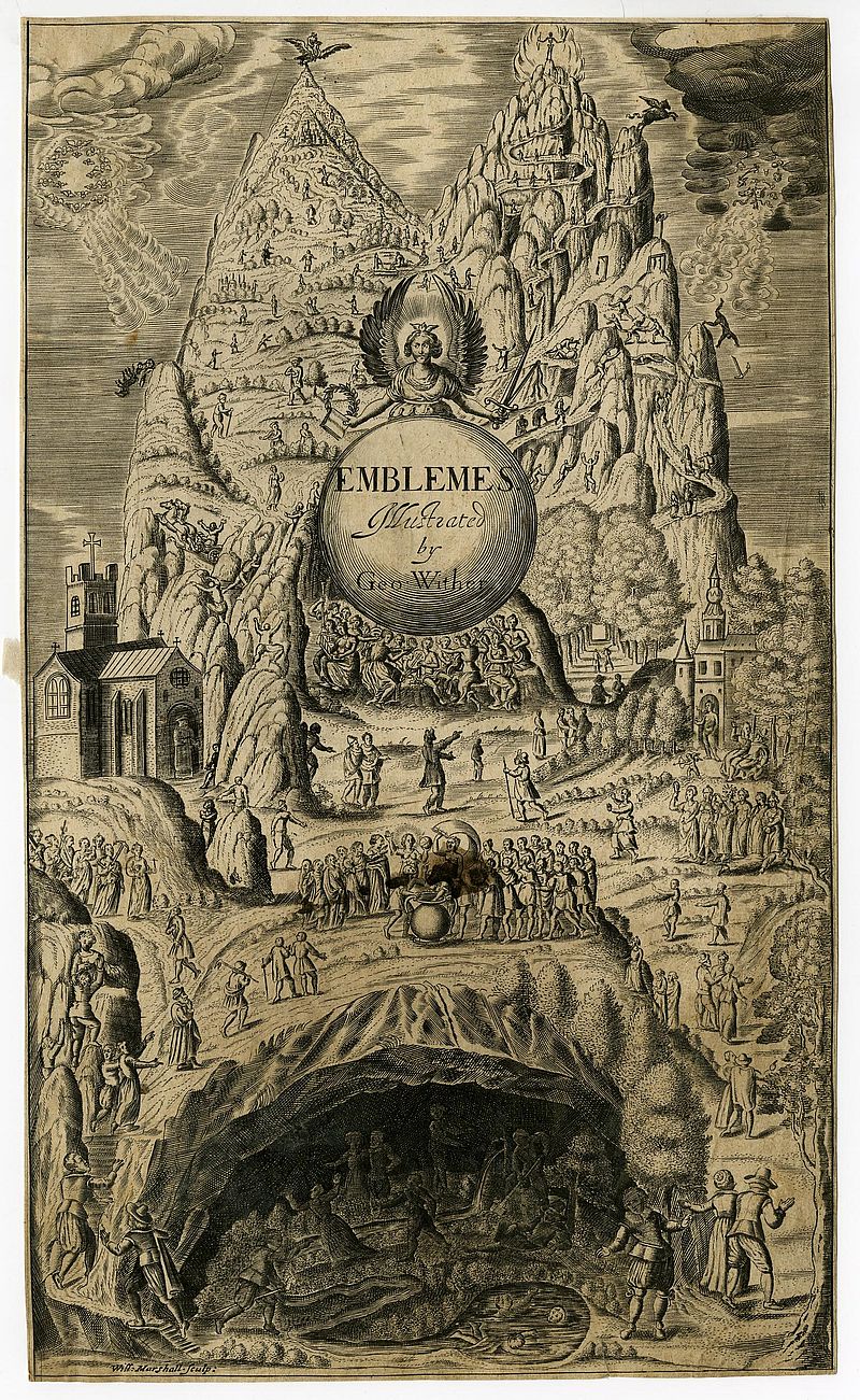An elaborate engraving. The title, 'Emblemes', appears in a bubble in centre, over which is a winged figure holding a book, wreath, sword and whip; twin mountain peaks; at the bottom, a grotto, with various figures, including children swimming in a pool and a woman tilling the earth; from either side of the grotto, two paths leading up the mountain; men and women following the paths; along the left path are figures with a cross, an anchor, and a nursing child, representing Faith, Hope and Charity respectively; beyond them, a church, with a priest in the entrance; beyond that, a chariot pulled by horses, and further up, Phaeton; two cities near the peak, on which is a boy riding an eagle; along the right path are Venus and Cupid; beyond them, a winding path with figures fighting, and gallows; beyond them, Pegasus; at the peak, the figure of Death; in the centre, below the title, a group of figures in classical dress playing musical instruments; below them, a figure with a sail, representing Fortune, surrounded by men and women; in the foreground of this group, two men draw lots from an ewer.