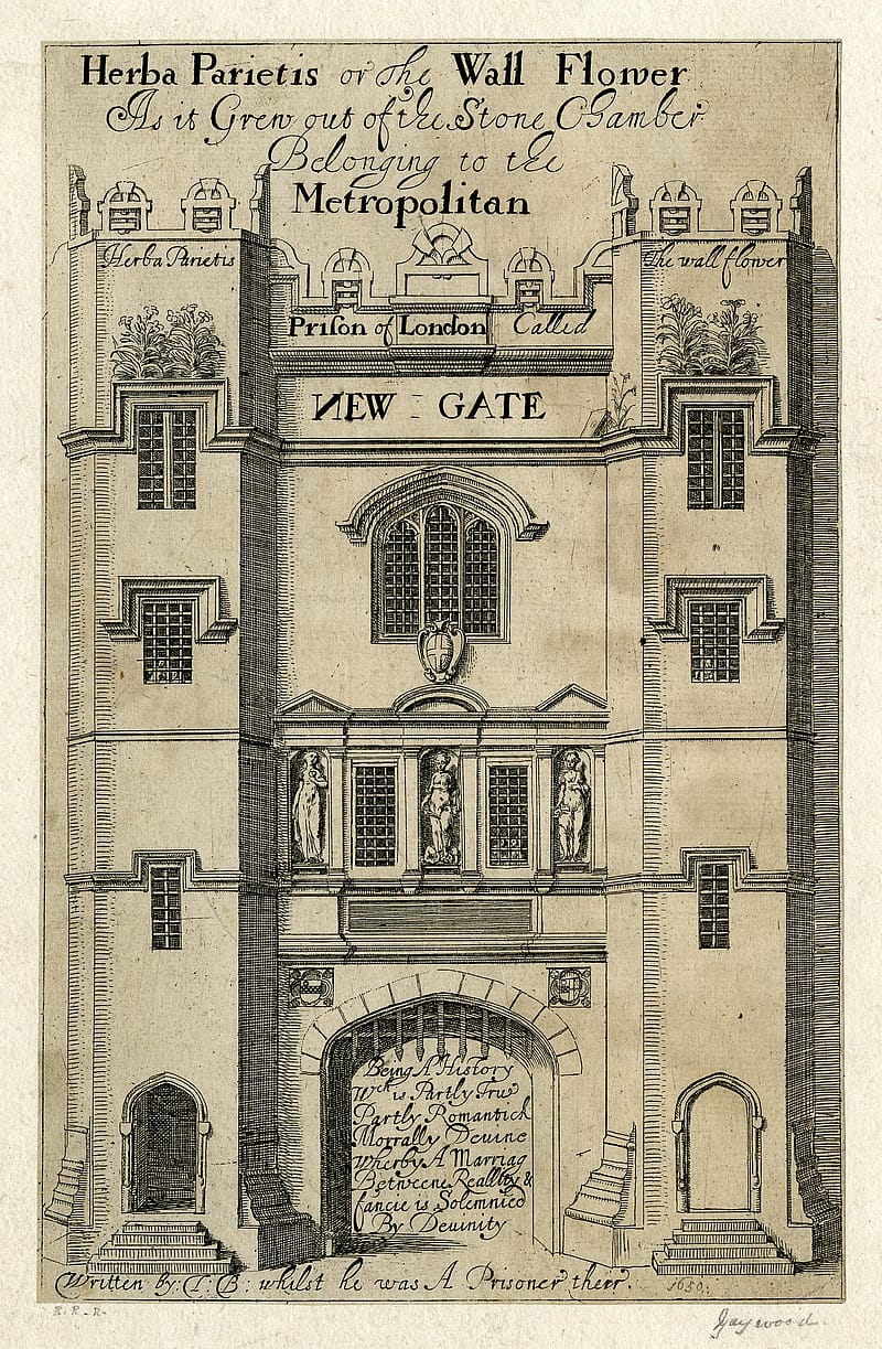 Engraving of the gate to Newgate Prison. The arched gate is positioned between two towers joined in the middle.