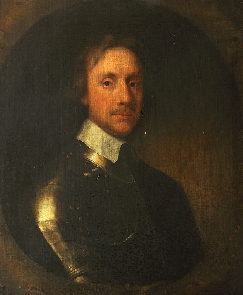 Painting of the bust of a middle-aged man in an oval. He is set against a dark background and is wearing armour. He has short, whispy brown hair and a small moustache.