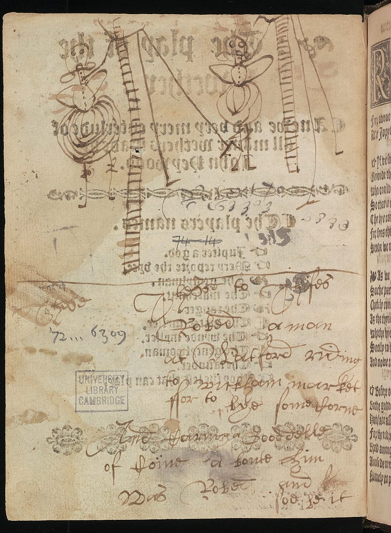 Page from old book entirely covered in a hand-drawn doodle in ink. The doodle depicts two figures hanging from a scaffold. Beneath the doodles are lines of handwritten text.