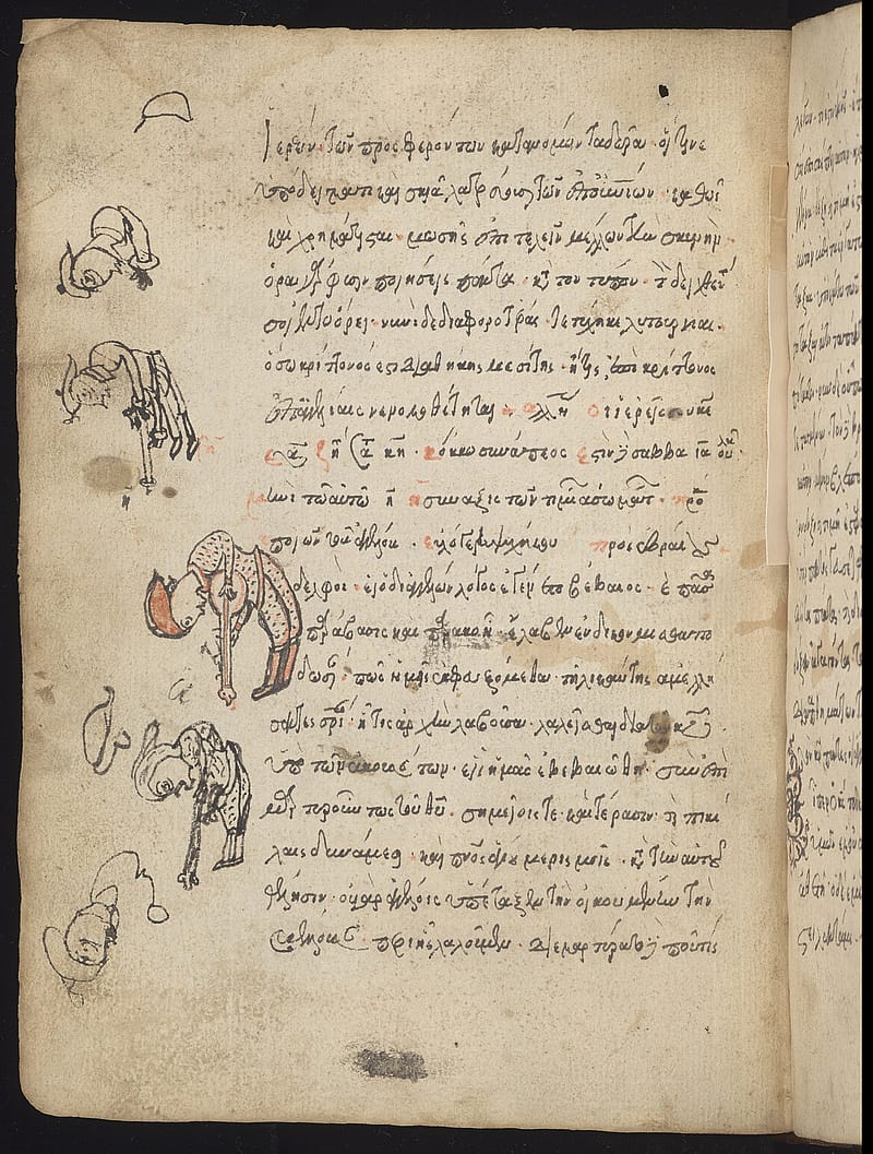 Page from an old book with lines of handwritten text. In the left margin someone has practiced drawing a doodle of a musician bending over with a string instrument. He is wearing a spotted jumpsuit, boots and cap.