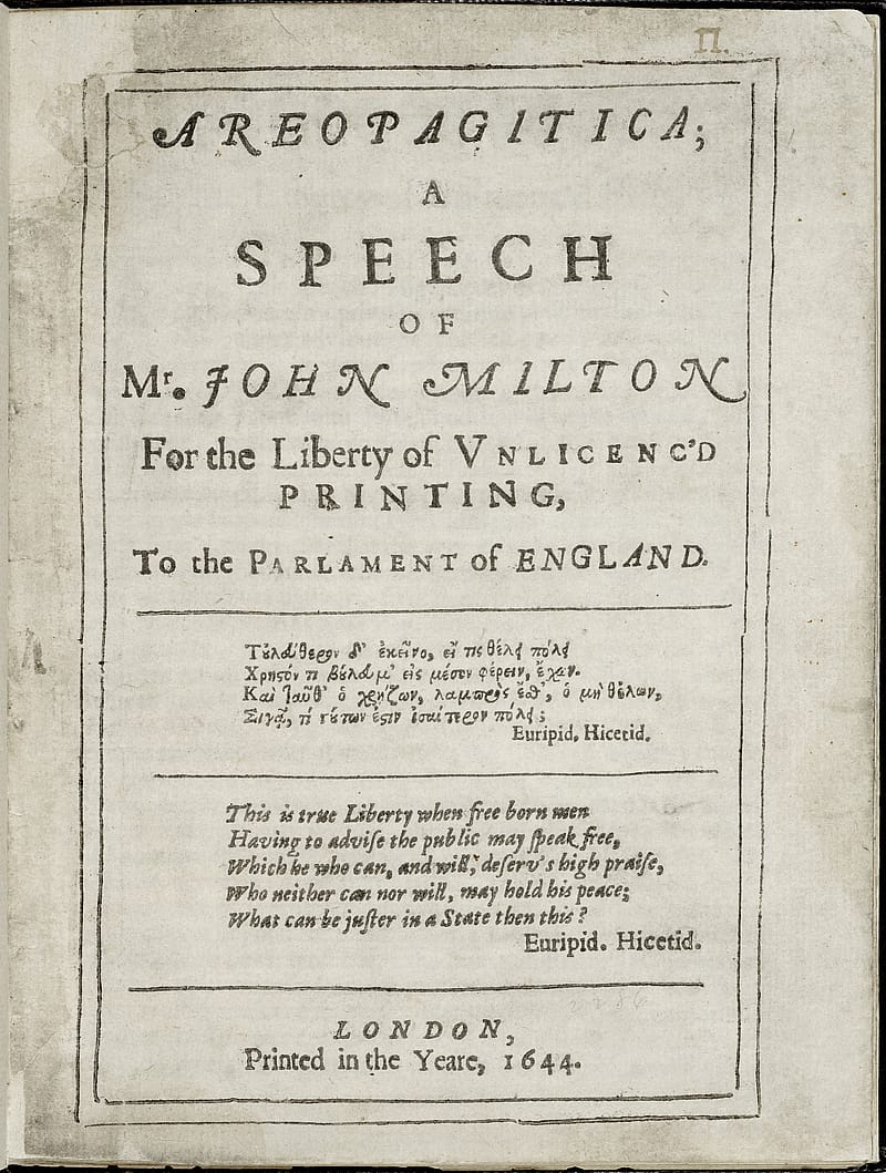 Title page of old book. The title is in large font and reads 'Areopagitica; a speech of Mr. John Milton'.