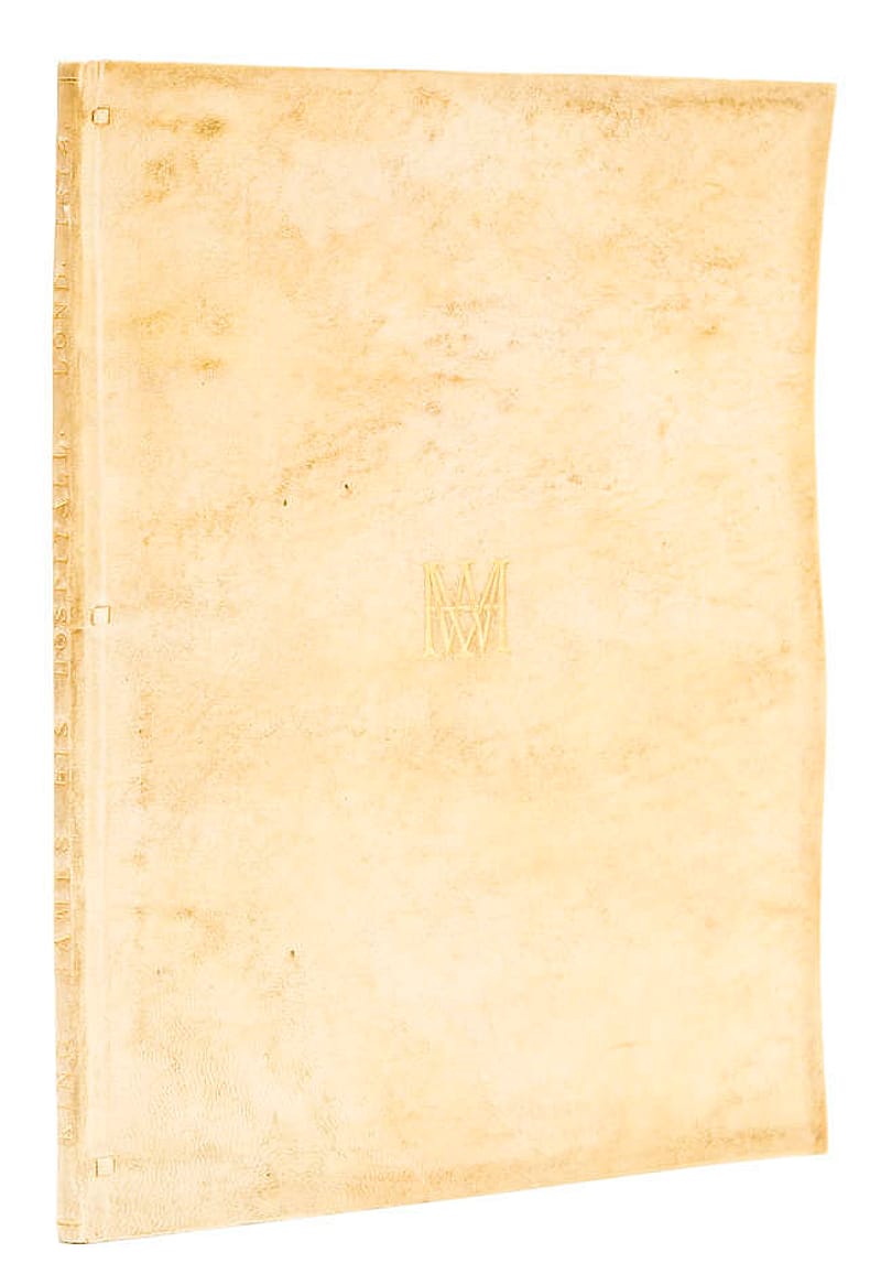 Discoloured vellum cover of a slim book. The cover was once probably cream or white. In the centre of the cover is a gold, stamped monogram forming the initials 'WM'.