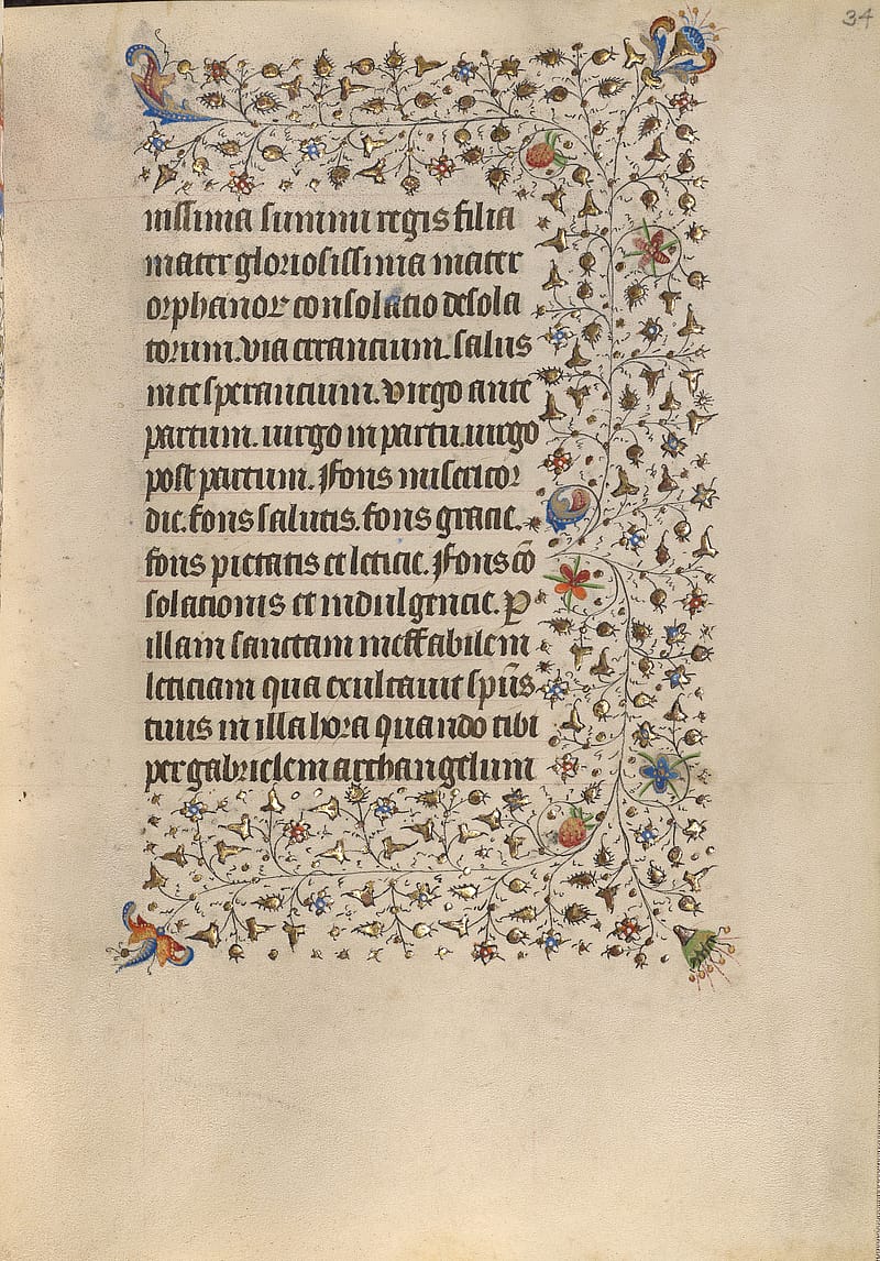 Page from an old book with lines of neat handwriting in a Gothic style. Around the text is a decorative, floral border.