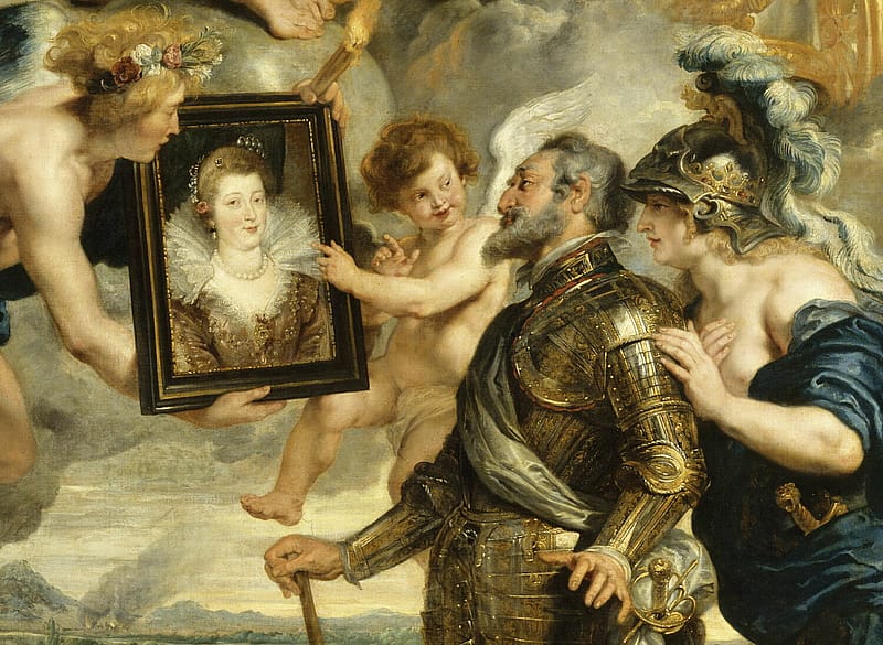 Painting of two cherubs holding up a portrait of a woman in regal clothes to a man in armour. The man appears to be physically taken aback by the portrait and is being held from behind by a partially nude female figure drapped in blue silk and wearing a metal helmet.