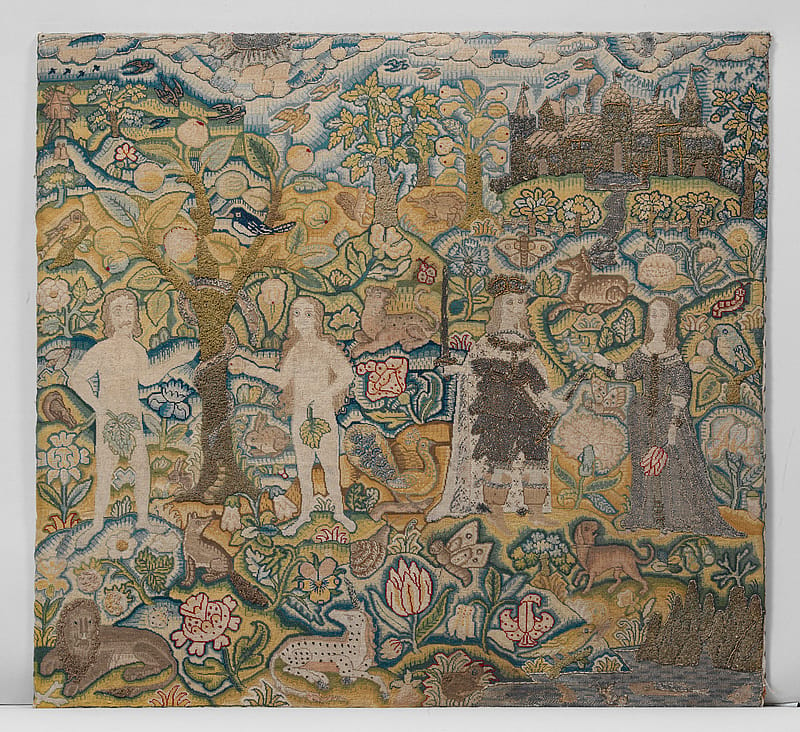 Old embroidery depicitng four figures. The two figures on the left - a man and a woman - are naked, and represent Adam and Eve. The man and woman on the right are dressed in regal outfits. The figures are standing in a landscape with a tree and flowers. In the backgroud there is a castle.