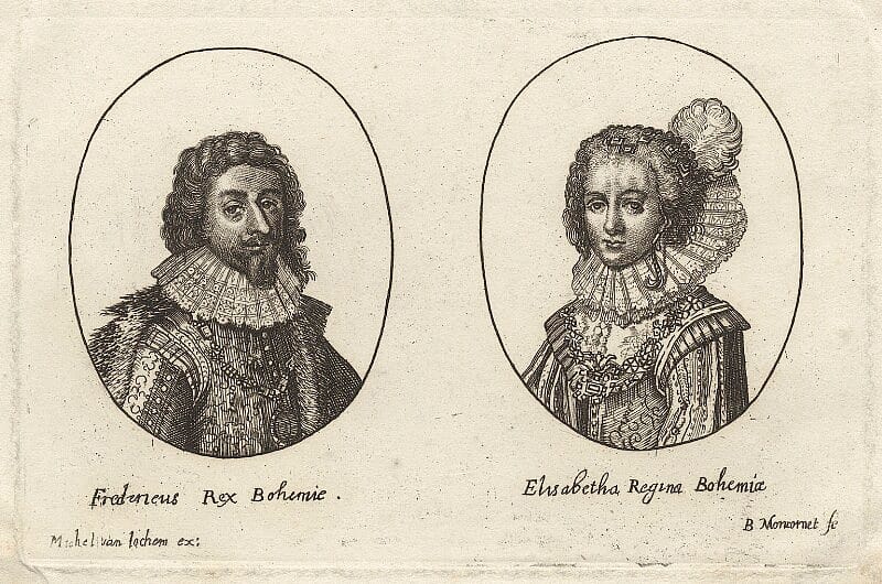 Engraving of the busts of a man and woman, each in an oval. They are both wearing elegant clothes and frilly collars.
