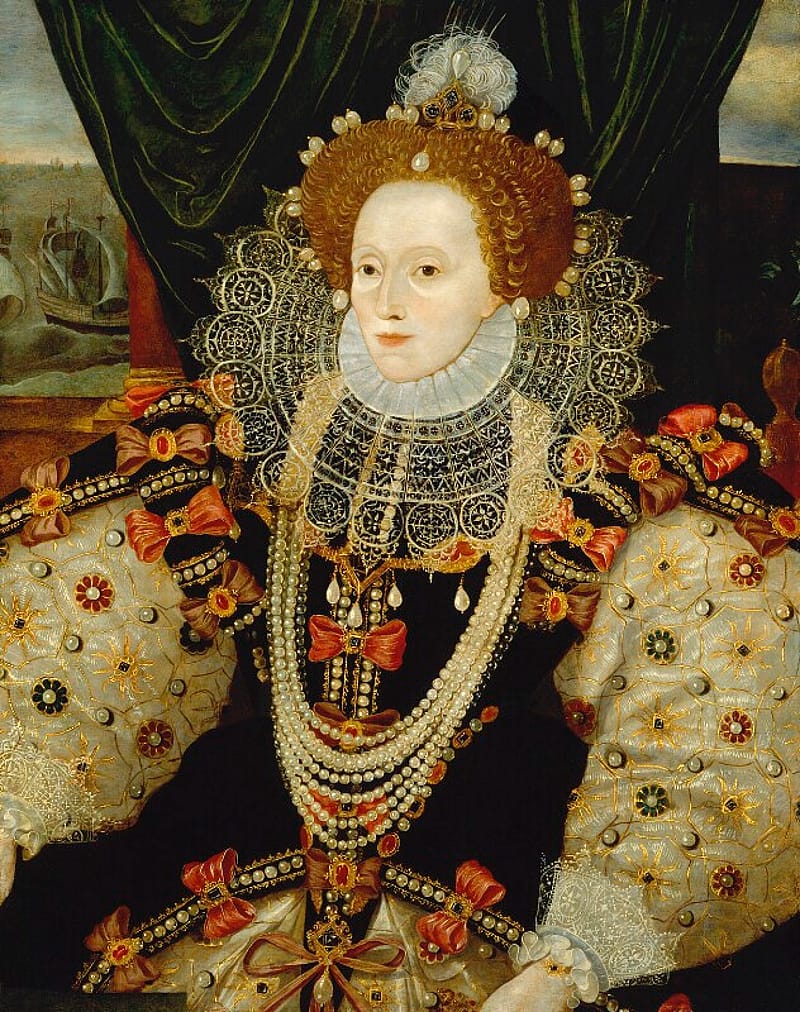 Half-portrait painting of Queen Elizabeth. She has red hair and is wearing extravagant bejeweled clothes incorporating bows and pearls. Around her neck is a large, intricate, lace-like collar.