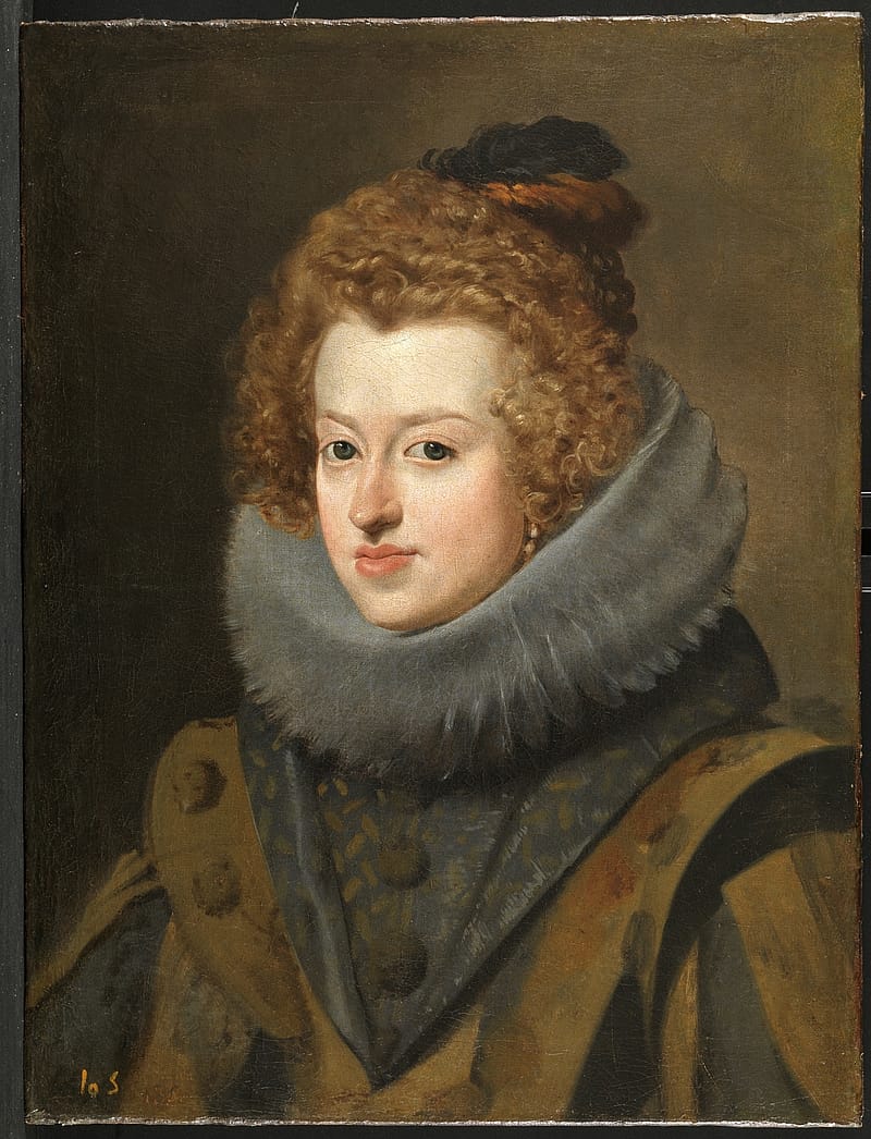 Painting of the bust of a woman against a dark background. She has red hair and is wearing mustard coloured clothes and a large grey, frilly collar.