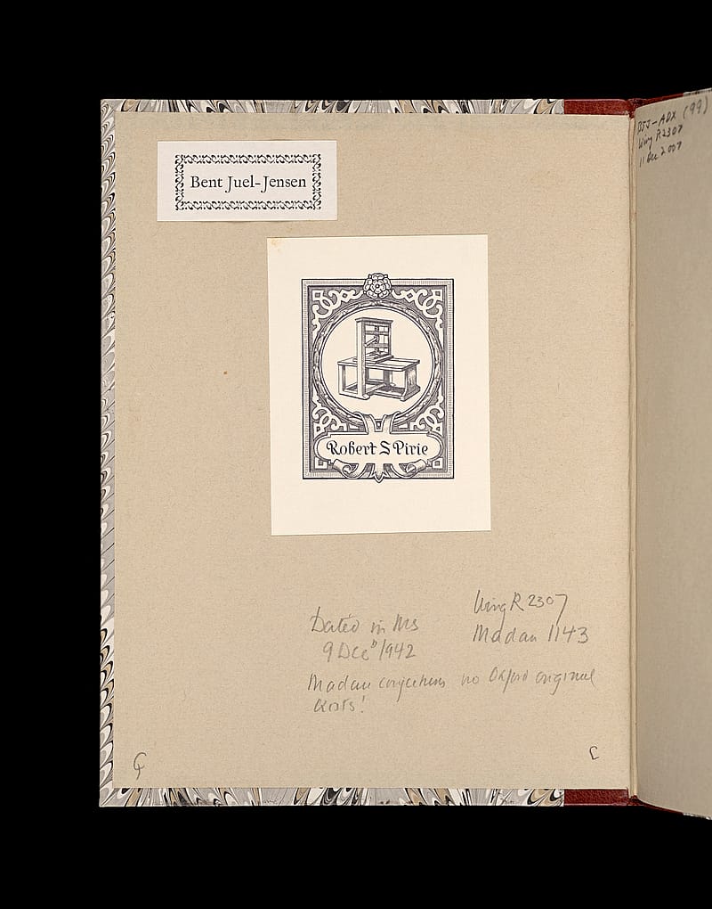 Bookplates of Bent Juel-Jensen and Robert S. Pirie pasted on to the endpapers of a book.