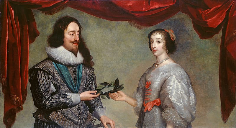 Painting of a man and a woman underneath a red, velvet curtain. The man in on the left and is wearing a frilly, white collar with an elaborate grey top. The woman is wearing a puffy grey dress. They both have dark hair. The man is handing the woman a wreath.