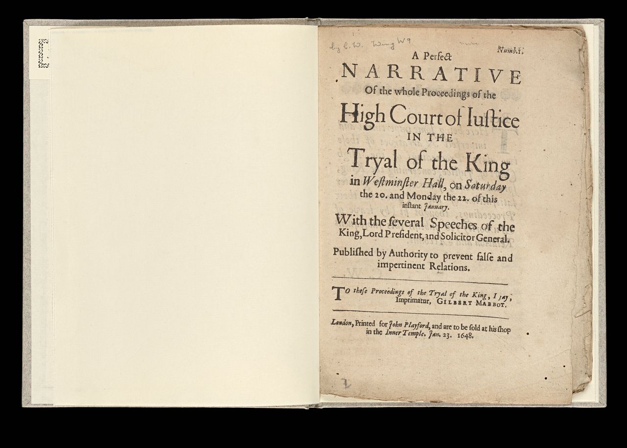 <em>A perfect narrative of the whole proceedings of the High court of iustice in the tryal of the King in Westminster Hall...</em>  London, printed for John Playford, 1649, State Library Victoria, Melbourne (RAREEMM 134/19)