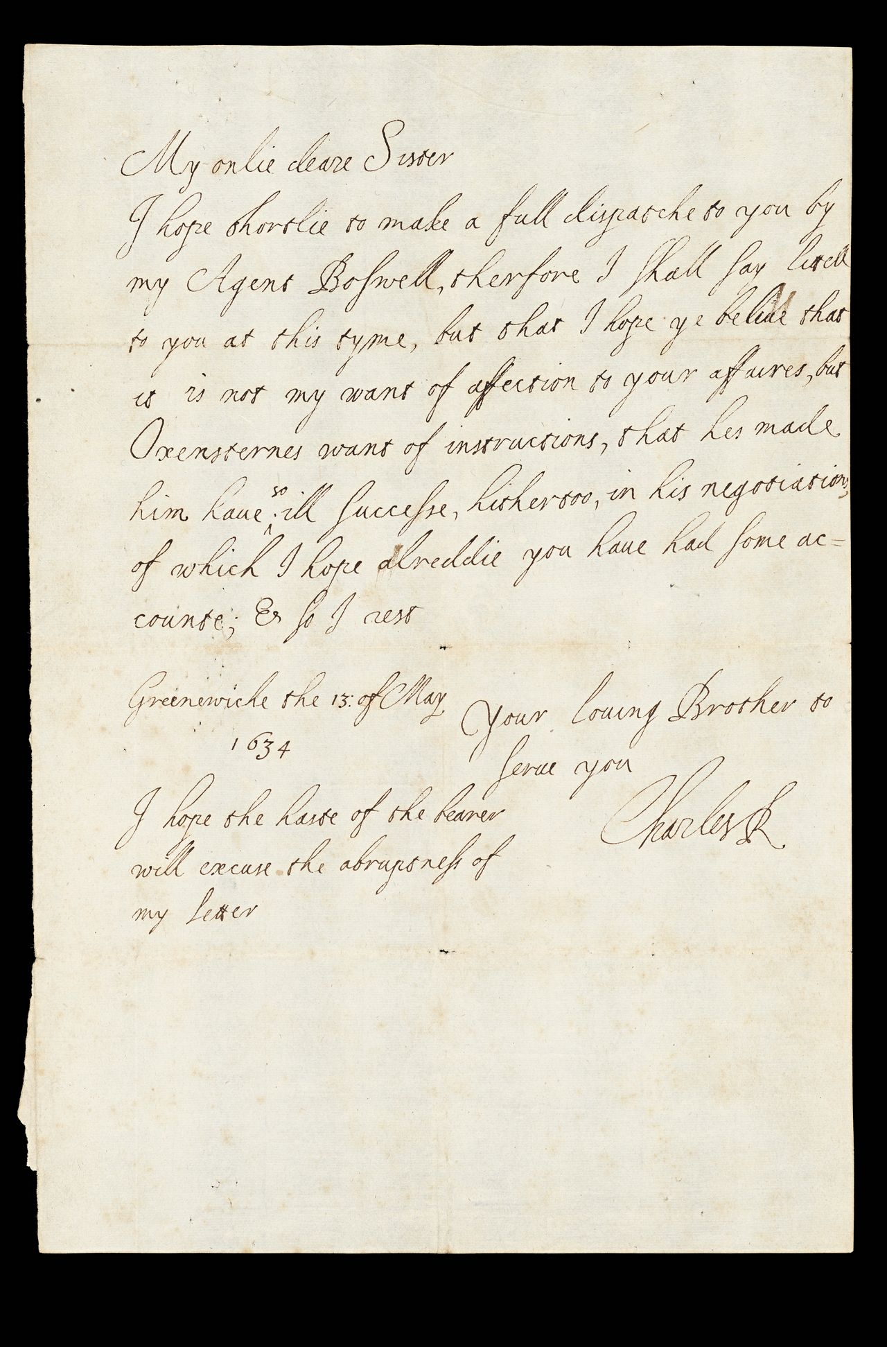 Letter from Charles I to his sister Elizabeth of Bohemia, manuscript, 13 May 1634, State Library Victoria, Melbourne (RAREEMM 222/20)