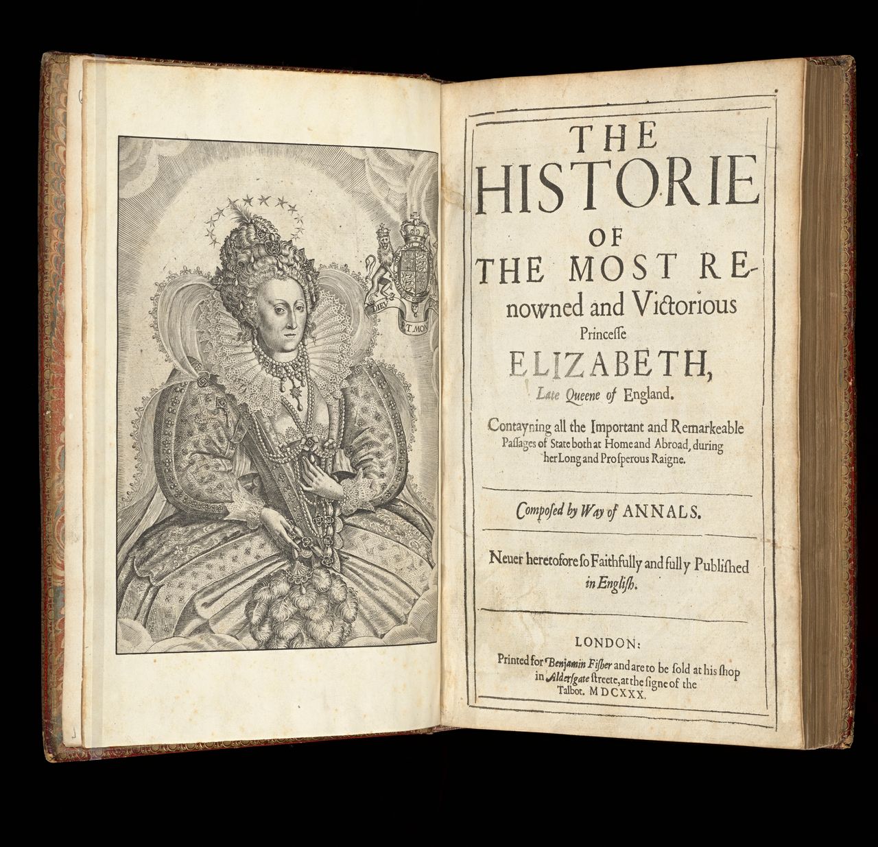 William Camden, <em>The historie of the most renowned and victorious princesse Elizabeth, late Queene of England...</em> London, printed by Nicholas Okes... for Benjamin Fisher and are to be sold at his shop in Aldersgate streete, at the signe of the Talbot, 1630, State Library Victoria, Melbourne (RAREEMM 126/6)

