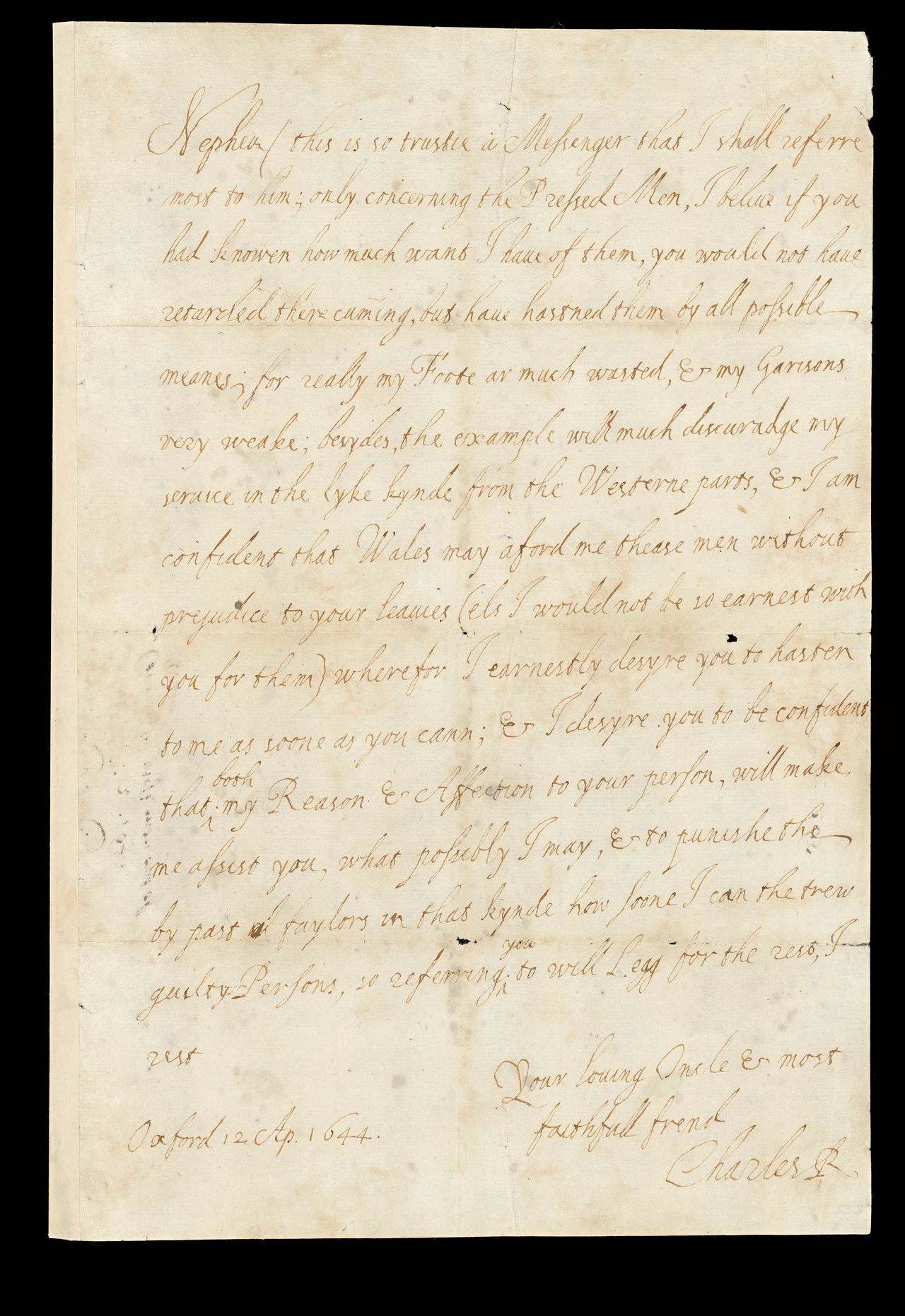 Letter from Charles I to his nephew Rupert 12 April 1644, State Library Victoria, Melbourne (RAREEMM 222/20)