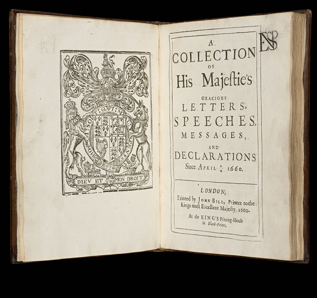 <em>A collection of His Majestie's gracious letters, speeches, messages, and declarations since April 4./14. 1660</em>, London, printed by John Bill, printer to the Kings most excellent Majesty, at the King's Printing-House in Black-Friers, 1660, State Library Victoria, Melbourne (RAREEMM 135/14)