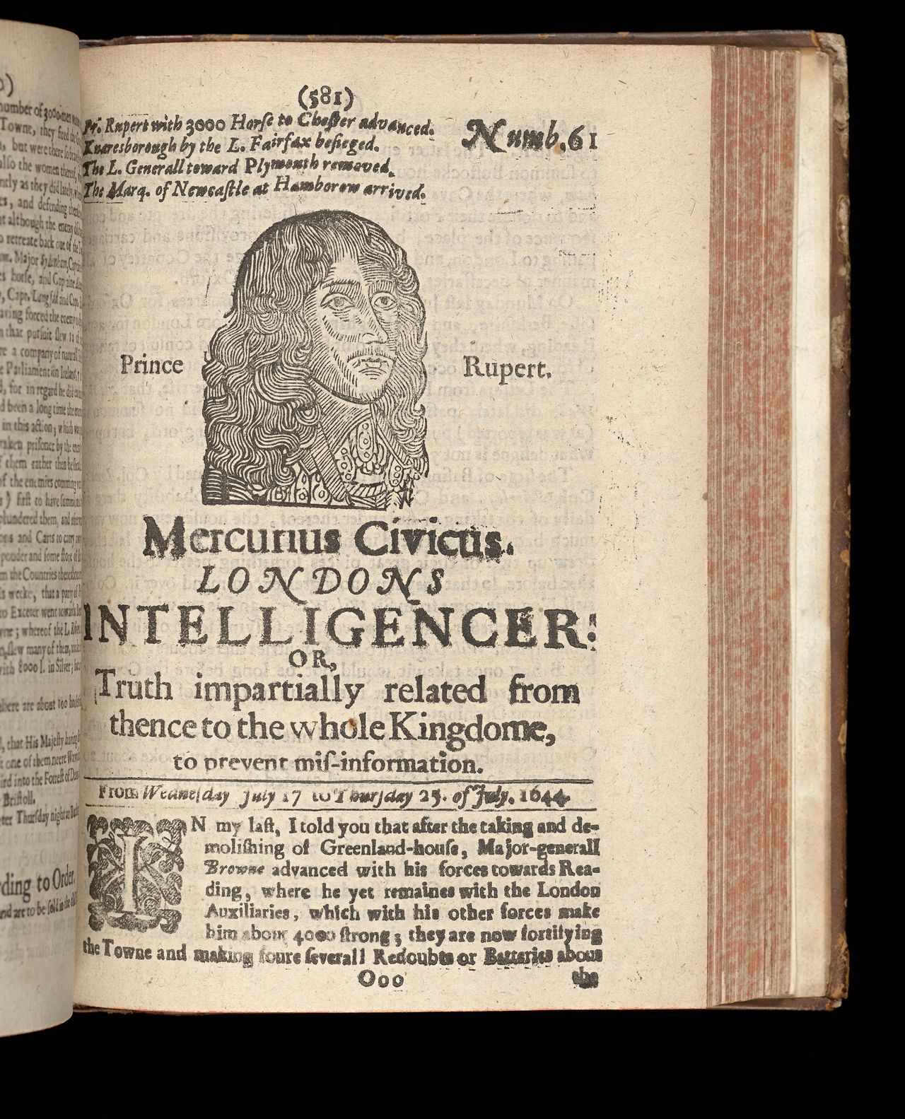 <em>Mercurius civicus, Londons intelligencer...</em>, London, printed, and are to be sold in th[a]t Old Bayly, 17–25 July 1644, no. 61, State Library Victoria, Melbourne (RAREEMM 125/1)