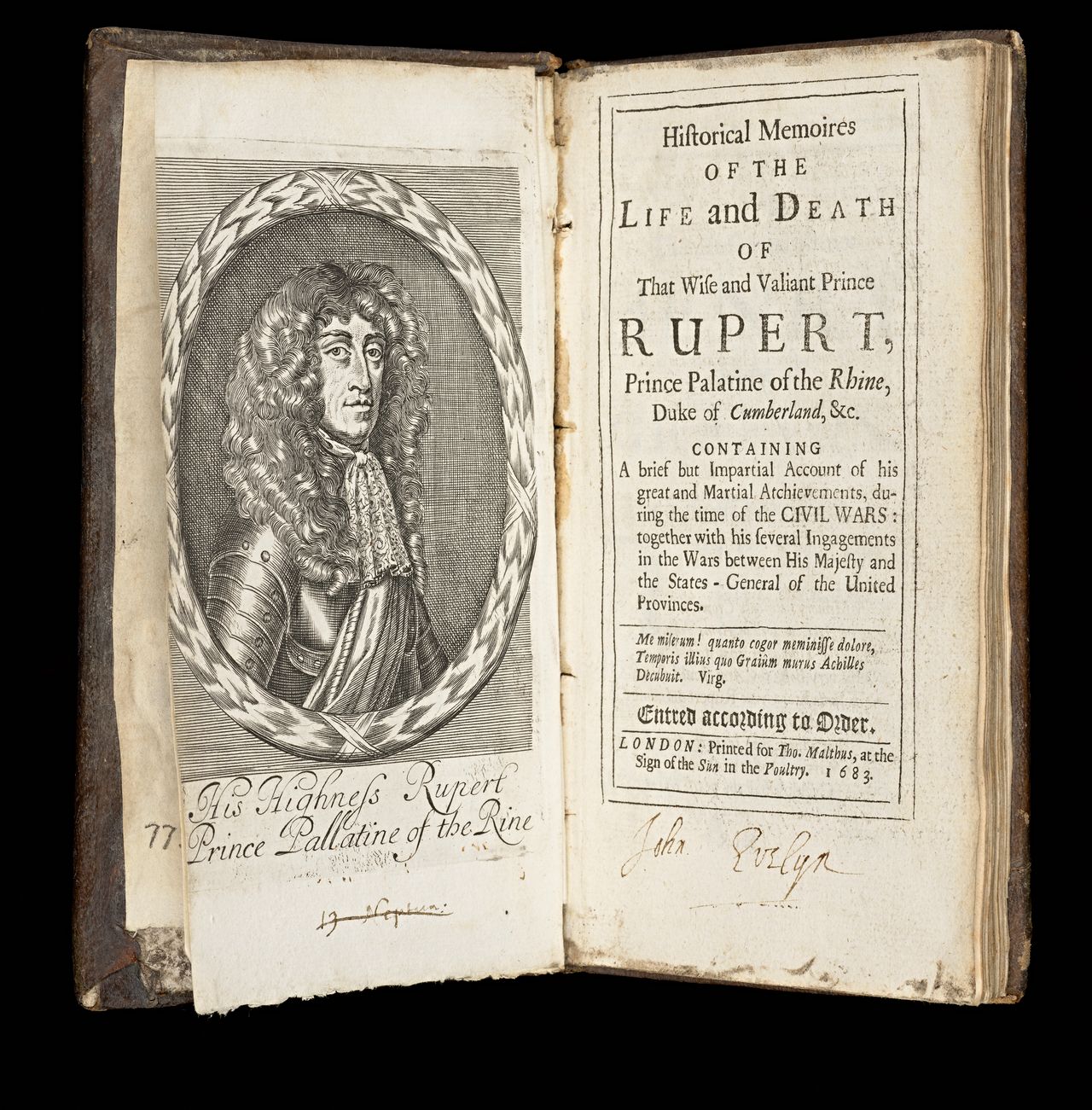 <em>Historical memoires of the life and death of that wise and valiant prince, Rupert, Prince Palatine of the Rhine, Duke of Cumberland...</em>, London, printed for Tho[mas] Malthus, at the sign of the Sun in the Poultry, 1683, State Library Victoria, Melbourne (RAREEMM 116/18)